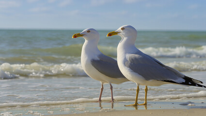Fototapeta premium Two seagulls stand by the water on the seashore under a sunny sky, calm waves and a sandy beach.