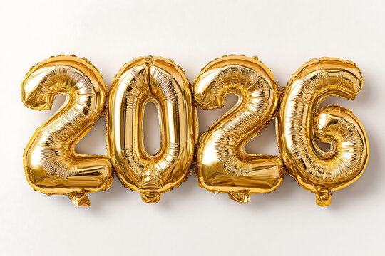 Shiny gold balloons in the shape of numbers "2026" on a white background
