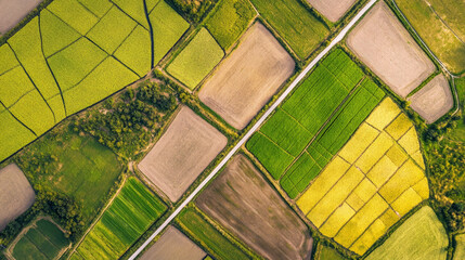 Vibrant patchwork of rice fields and farmland during midday under clear blue sky