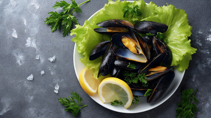 Overhead view of mussels on white plate with lemon slices, lettuce, and parsley on dark gray background