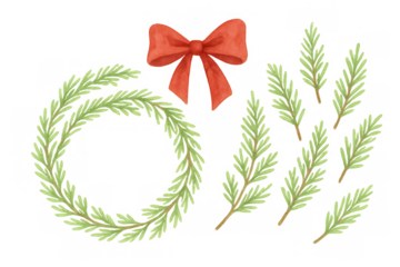 Watercolor christmas wreath forming a frame with separate pine branches and a vibrant red bow, festive holiday design