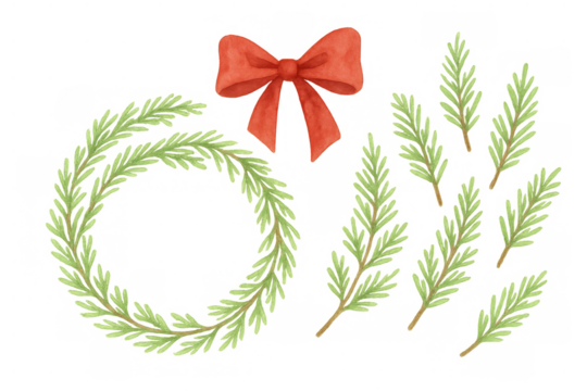 Watercolor christmas wreath forming a frame with separate pine branches and a vibrant red bow, festive holiday design