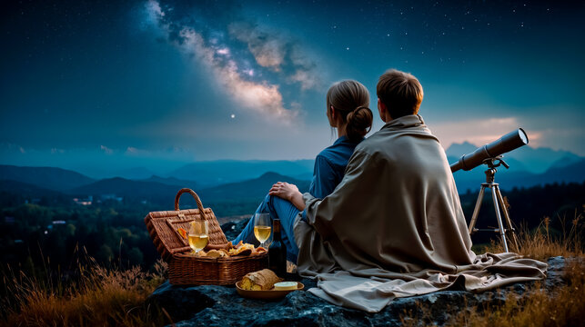 A man and woman sit on a rock looking at the night sky with a picnic basket and telescope nearby - Powered by Adobe