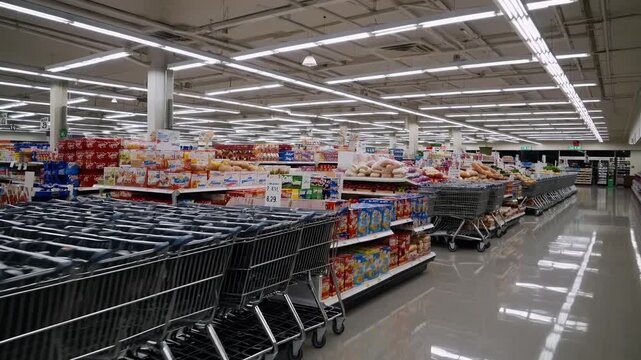 quiet grocery store aisle filled stocked shelves neatly arranged shopping carts under soft lighting captured detailed 4K footage reflecting calm retail spaces modern consumer environments