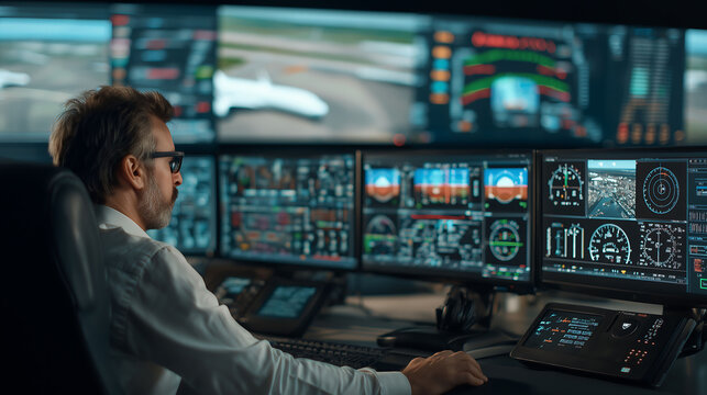 Engineer inspecting airplane engine in airport