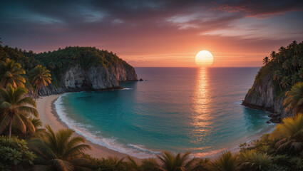 Fototapeta premium Tropical beach bay with palm trees and cliffs at sunset, golden sunlight over turquoise ocean waves.