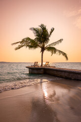 Fototapeta premium Tranquil closeup calm sea water waves with palm trees. Beautiful sunset panorama. Tropical island beach landscape exotic shore coast. Summer vacation, holiday amazing nature. Relax paradise, Maldives.