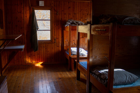 A bedroom in Kaitumjaure Mountain Hut owned by the Swedish Tourist Organisation, Kungsleden trail, Sweden