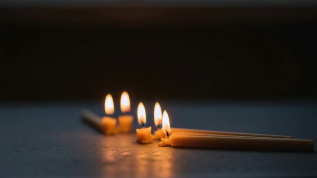 Thin wax candles burning with flickering flames in a dark room. A solemn scene for remembrance, prayer, or a memorial vigil. Close-up footage with a warm glow