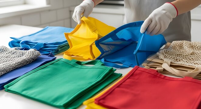 Person organizing a stack of colorful reusable shopping bags on a white table.