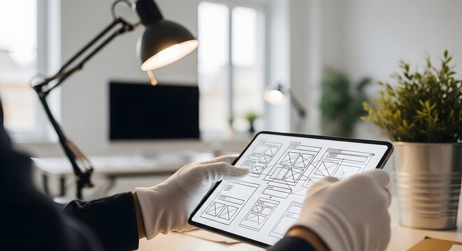 A person wearing white gloves meticulously reviewing a digital wireframe on a tablet in a modern office setting.