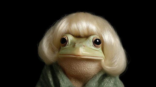 A cute frog in a bob hair wig posing for a 1990s-style studio photo