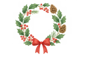 Christmas wreath illustrating a red bow, holly leaves, berries, pinecones, and pine needles in watercolor on a transparent background