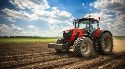 Red tractor plowing fertile farmland under a bright blue sky with puffy clouds