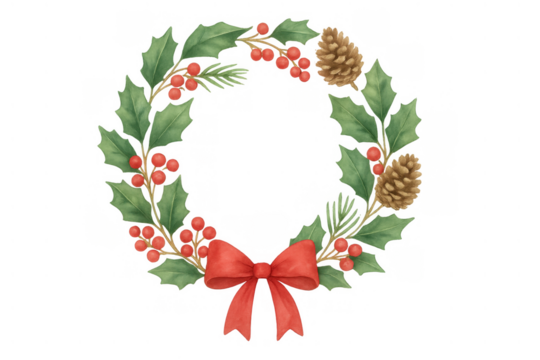 Christmas wreath illustrating a red bow, holly leaves, berries, pinecones, and pine needles in watercolor on a transparent background