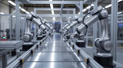 Robotic arms operate on an assembly line in a modern manufacturing facility in the afternoon