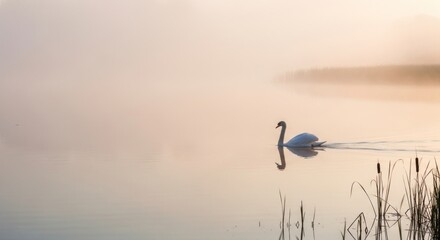 Obraz premium A solitary swan glides gracefully on a tranquil lake veiled in mist.