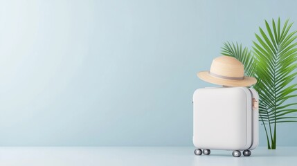 Modern Travel Suitcase with Straw Hat and Tropical Plant on Blue Background