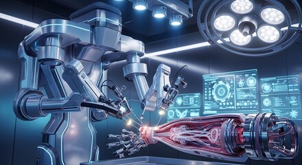 A robotic surgical arm performing a delicate operation on a transparent human arm model in a futuristic medical setting.
