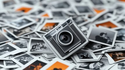 Vintage Camera on Pile of Old Photographs Capturing Cherished Memories