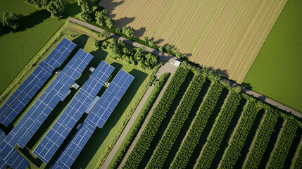 Solar panels and farmland coexist near a rural area, showcasing sustainable energy practices and agriculture in harmony
