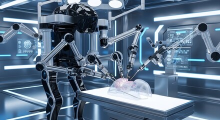 A futuristic surgical robot with multiple arms performing a delicate operation on a transparent organ model in a high-tech operating room.