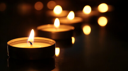 Soft glow of candles placed in a row on a reflective surface in a dimly lit room during evening hours