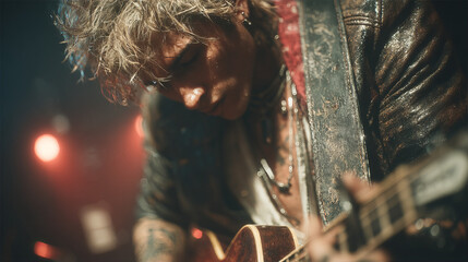 Musician performs passionately on stage with electric guitar during a lively concert at night