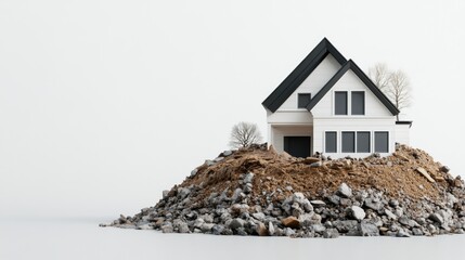 Isolated Modern House on a Hill Surrounded by Water and Stones