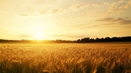 Golden wheat field at sunset with vibrant sky and lush trees in the background