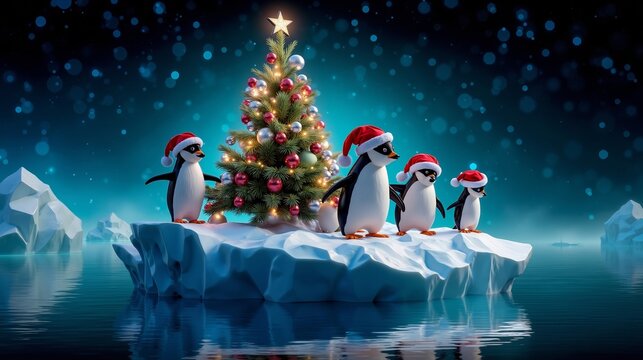 A group of penguins standing on top of an iceberg next to a Christmas tree