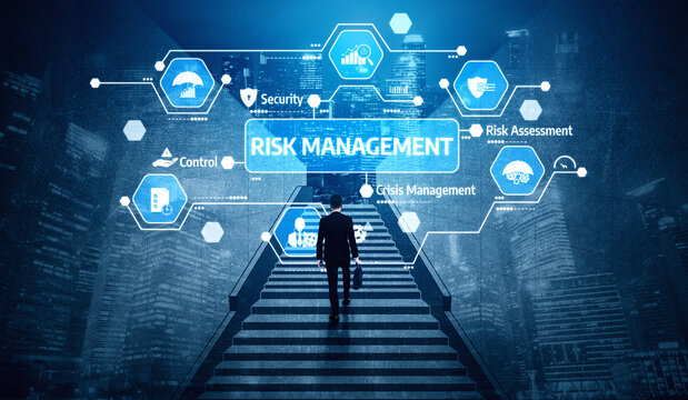 A businessman ascends a staircase toward digital icons representing key aspects of risk management, set against a modern urban backdrop with glowing technology elements. Tessel