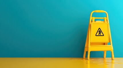 Yellow Warning Sign on Blue Wall with Wet Floor Caution Displayed