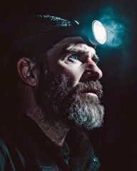 Serious man with headlamp looking into darkness