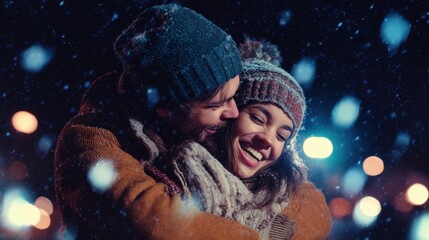 people season love and leisure concept happy couple hugging and laughing outdoors in winter