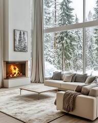 Modern luxury living room with fireplace view