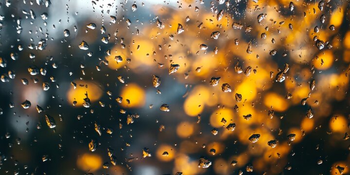 Golden autumn leaves with raindrops on window glass - Powered by Adobe