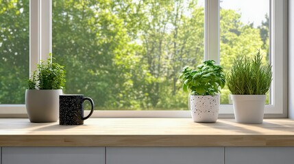 Cozy kitchen table with coffee and rainy window
