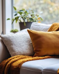 Neutral cozy living room with warm orange blanket