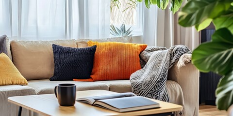 Modern living room with orange blanket interior