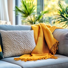 Cozy sofa interior with soft orange blanket design