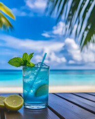 Tropical cocktail with mint leaf and lime beach view