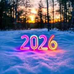 2026 glowing numbers in forest with sunset snow