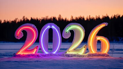 Colorful 2026 glowing numbers in winter snow scene