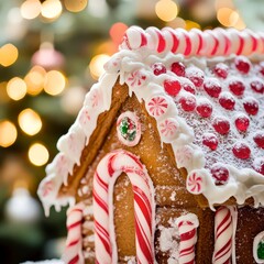 Gingerbread house with peppermint roof and snow