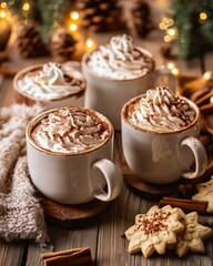 Cup of hot chocolate with cookies and festive lights