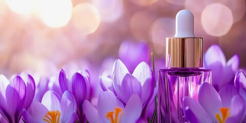 Cosmetic bottle with crocus flowers natural elegance