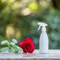 White spray cosmetic bottle with rose and leaves outdoor