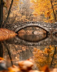 Autumn river bridge reflection golden fall scenery