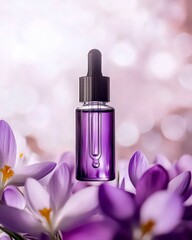 Cosmetic dropper bottle surrounded by crocus petals